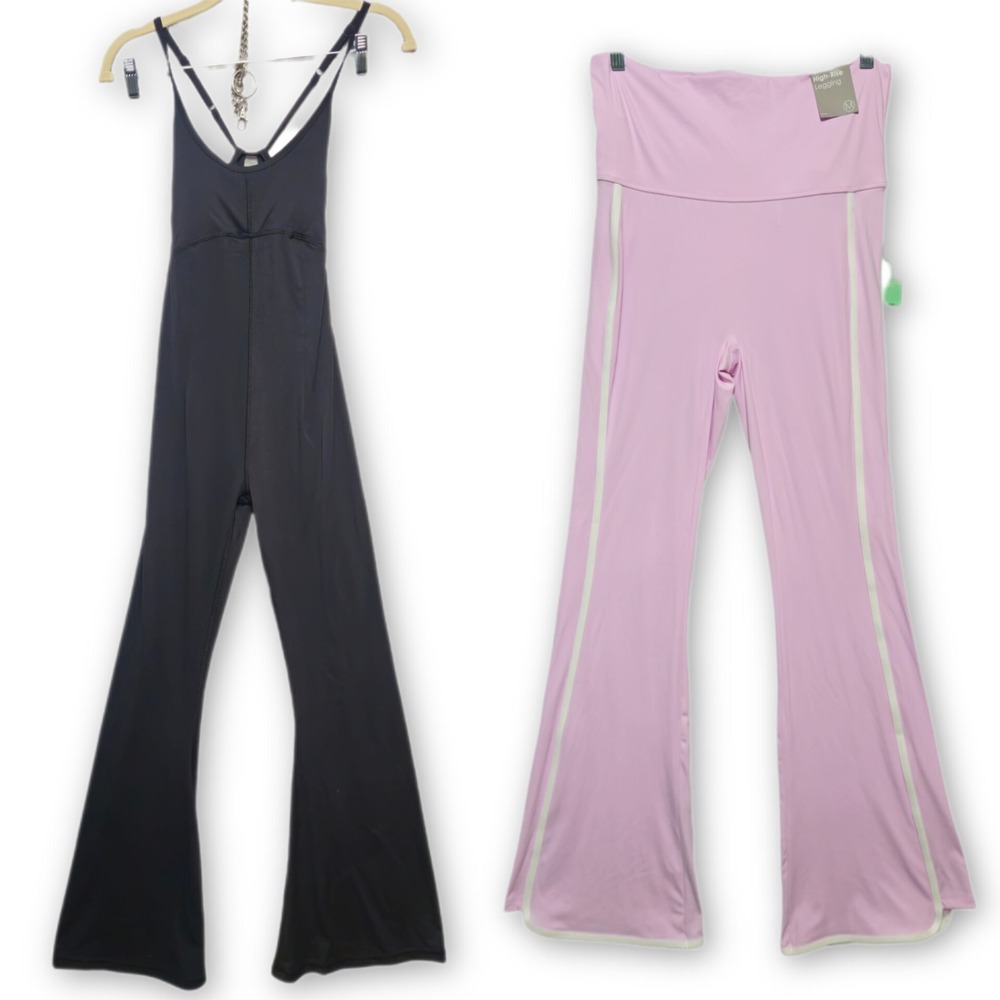 Forever 21 Active Lot Black Strappy Back Flare Leg Jumpsuit Pink High Rise M NEW